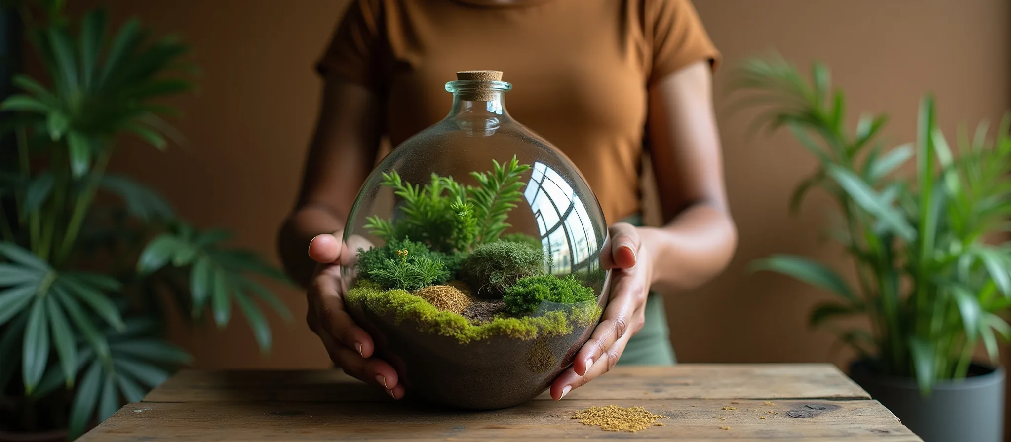 Terrariums and succulent plants displayed on a table